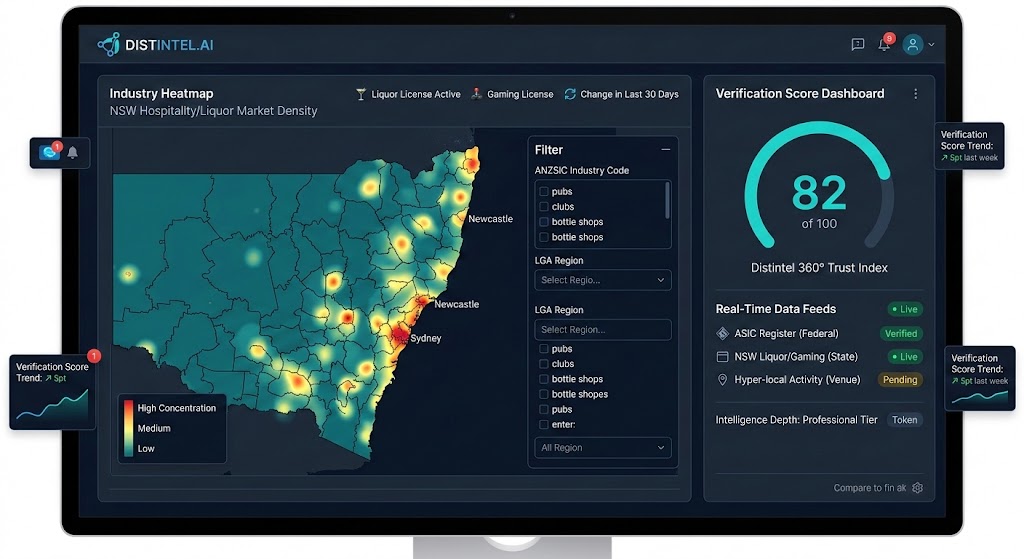 distintel.ai Platform — Industry Heatmap and 360 degree Verification Score Dashboard